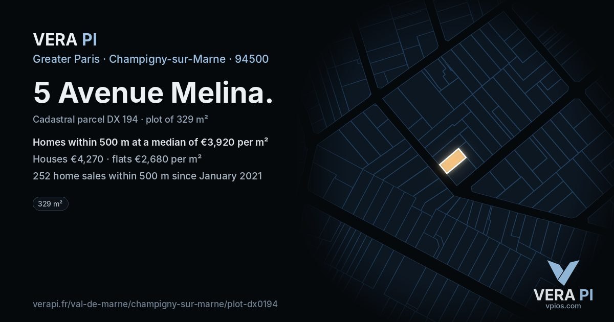 5 Avenue Melina, Champigny-sur-Marne at night – the plot lit, the parcels around coloured by the prices near them