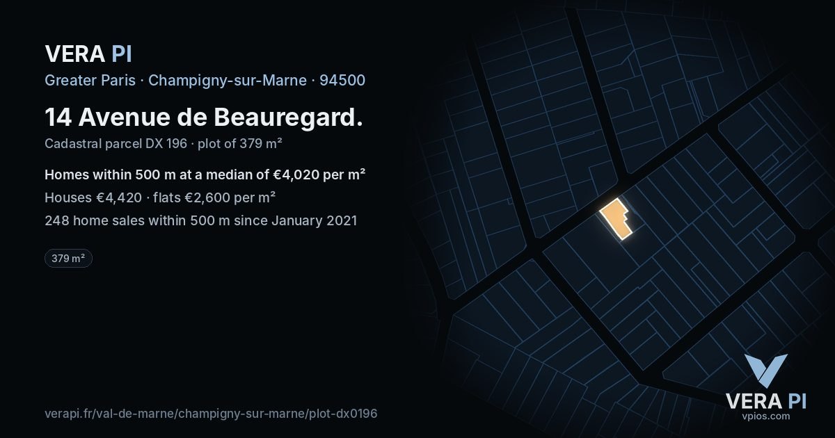 14 Avenue de Beauregard, Champigny-sur-Marne at night – the plot lit, the parcels around coloured by the prices near them
