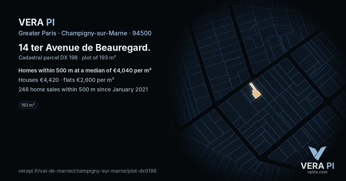 14 ter Avenue de Beauregard, Champigny-sur-Marne at night – the plot lit, the parcels around coloured by the prices near them