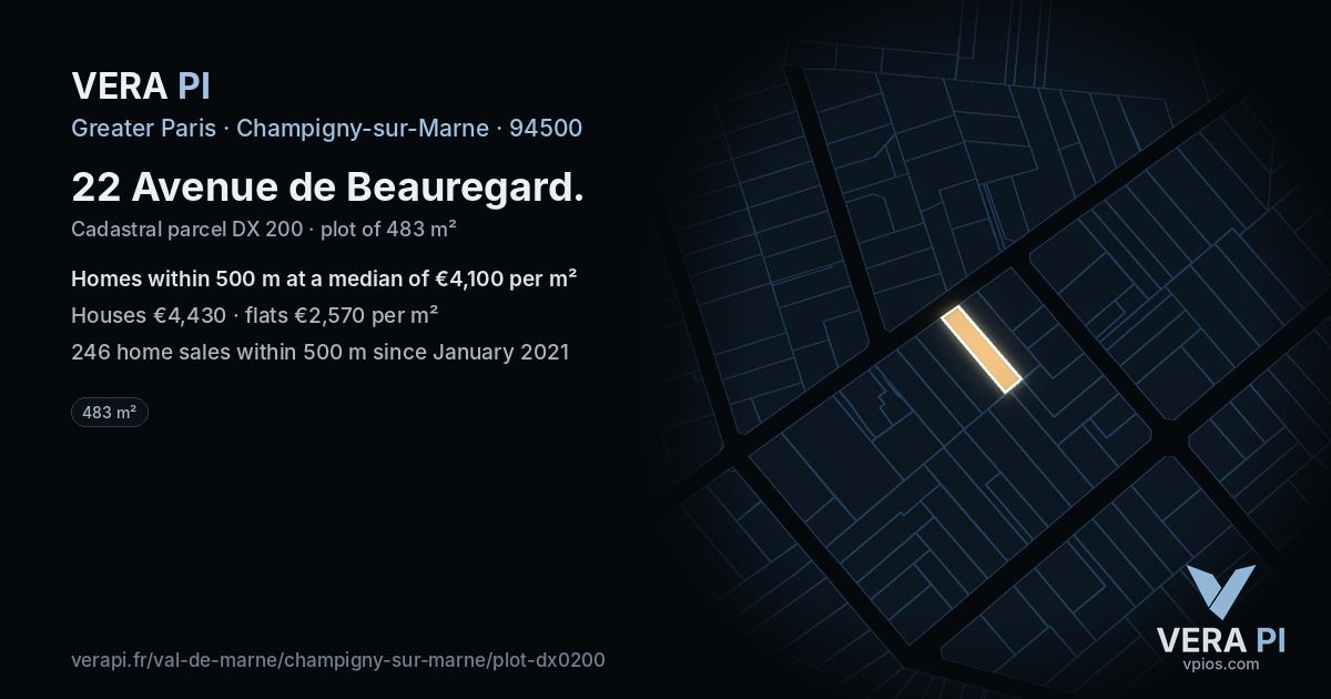 22 Avenue de Beauregard, Champigny-sur-Marne at night – the plot lit, the parcels around coloured by the prices near them