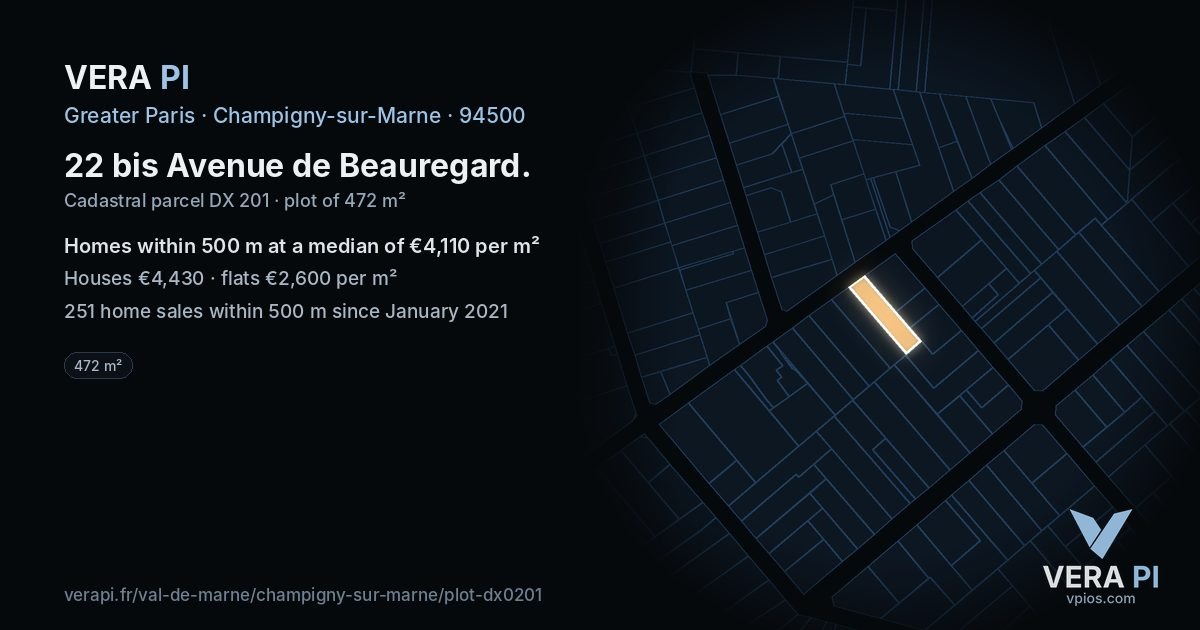 22 bis Avenue de Beauregard, Champigny-sur-Marne at night – the plot lit, the parcels around coloured by the prices near them