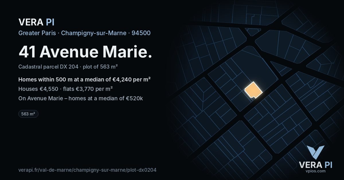 41 Avenue Marie, Champigny-sur-Marne at night – the plot lit, the parcels around coloured by the prices near them