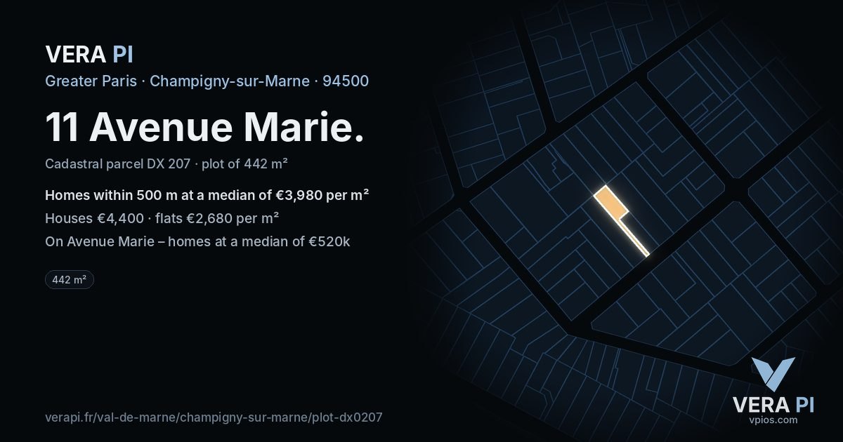 11 Avenue Marie, Champigny-sur-Marne at night – the plot lit, the parcels around coloured by the prices near them