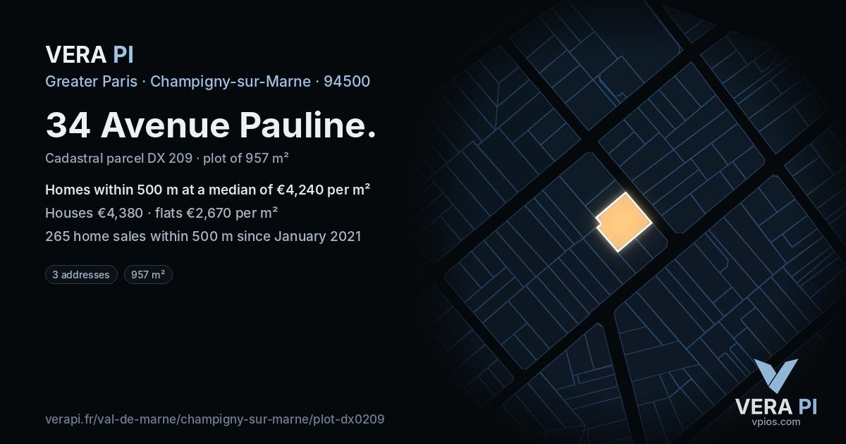 34 Avenue Pauline, Champigny-sur-Marne at night – the plot lit, the parcels around coloured by the prices near them