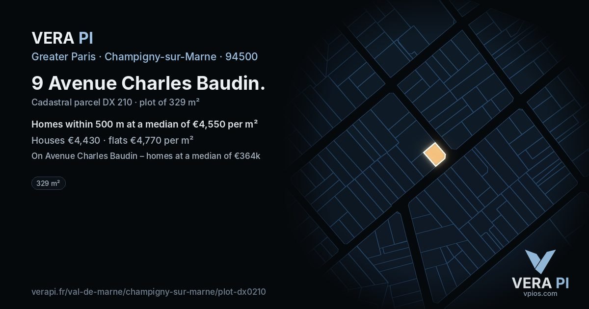 9 Avenue Charles Baudin, Champigny-sur-Marne at night – the plot lit, the parcels around coloured by the prices near them