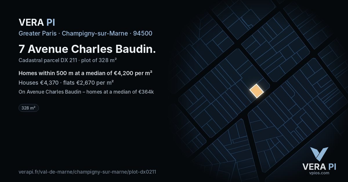 7 Avenue Charles Baudin, Champigny-sur-Marne at night – the plot lit, the parcels around coloured by the prices near them
