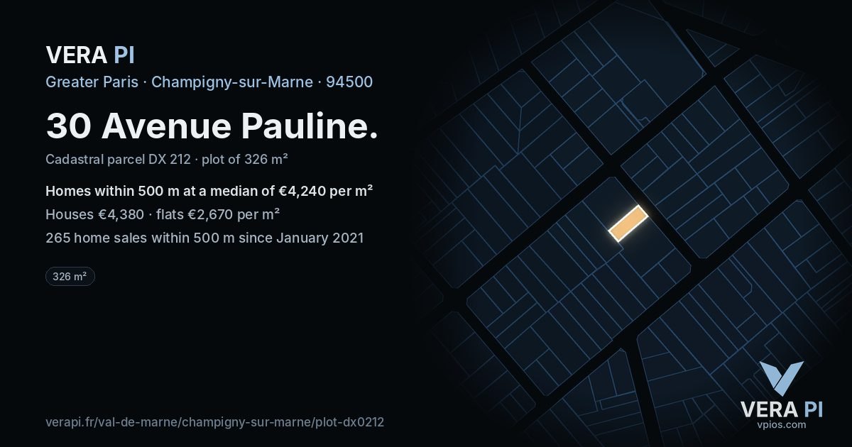 30 Avenue Pauline, Champigny-sur-Marne at night – the plot lit, the parcels around coloured by the prices near them