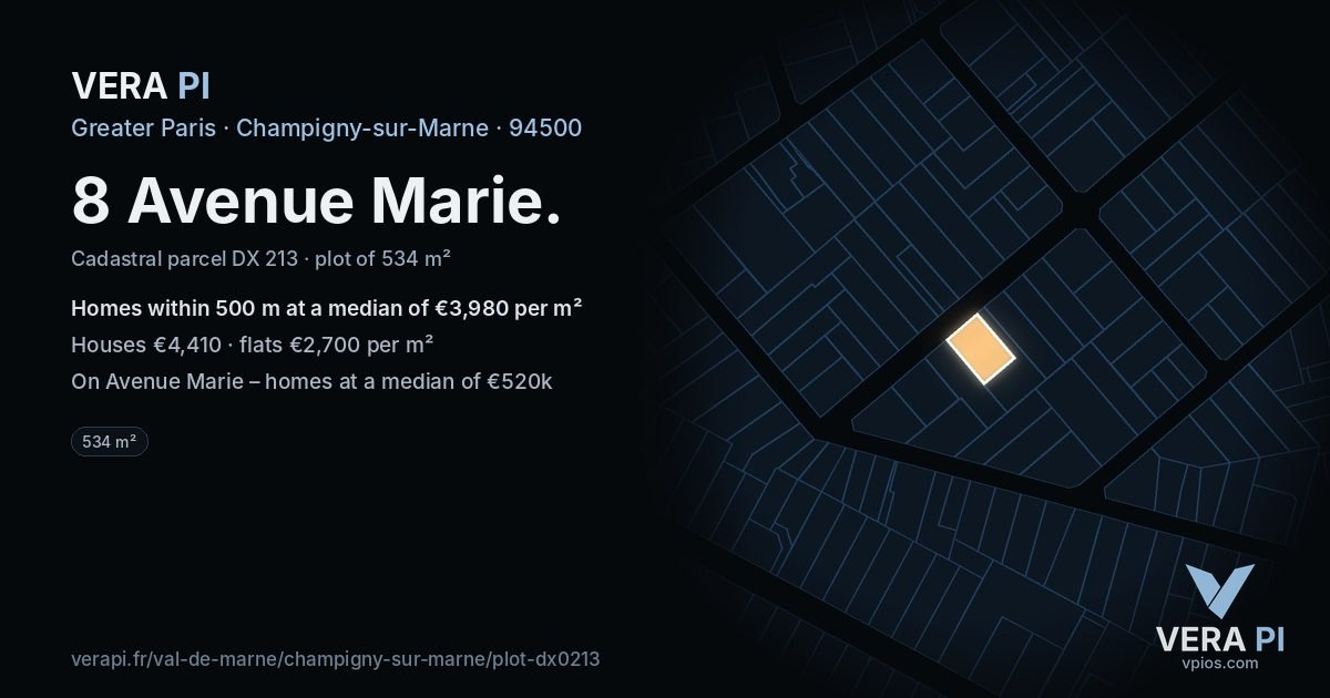 8 Avenue Marie, Champigny-sur-Marne at night – the plot lit, the parcels around coloured by the prices near them