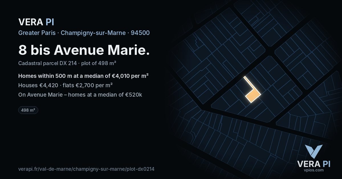 8 bis Avenue Marie, Champigny-sur-Marne at night – the plot lit, the parcels around coloured by the prices near them