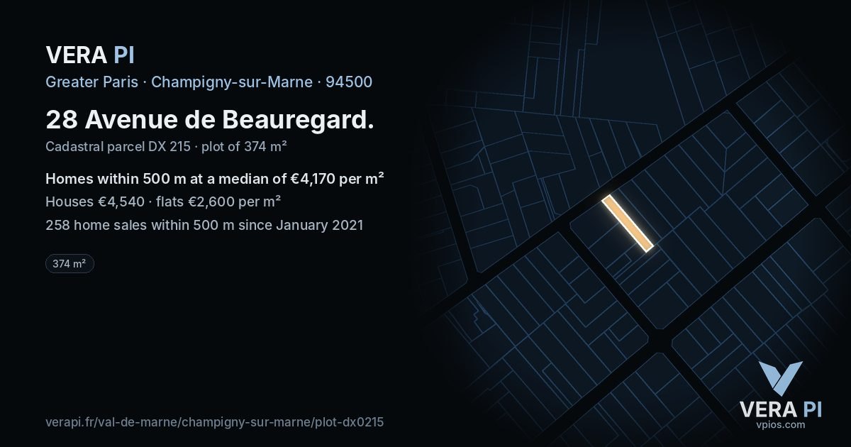 28 Avenue de Beauregard, Champigny-sur-Marne at night – the plot lit, the parcels around coloured by the prices near them