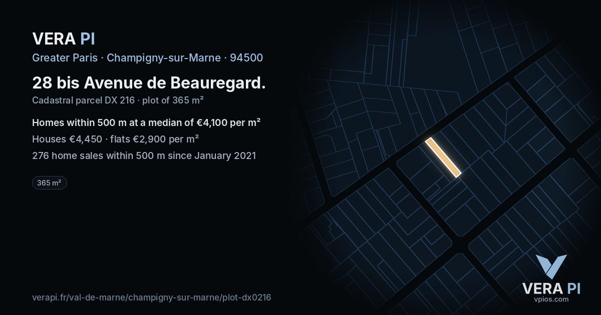28 bis Avenue de Beauregard, Champigny-sur-Marne at night – the plot lit, the parcels around coloured by the prices near them