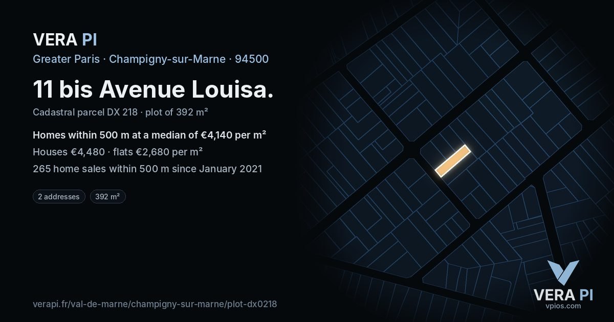 11 bis Avenue Louisa, Champigny-sur-Marne at night – the plot lit, the parcels around coloured by the prices near them