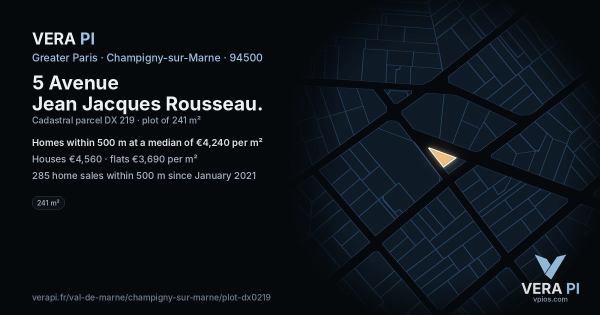 5 Avenue Jean Jacques Rousseau, Champigny-sur-Marne at night – the plot lit, the parcels around coloured by the prices near them