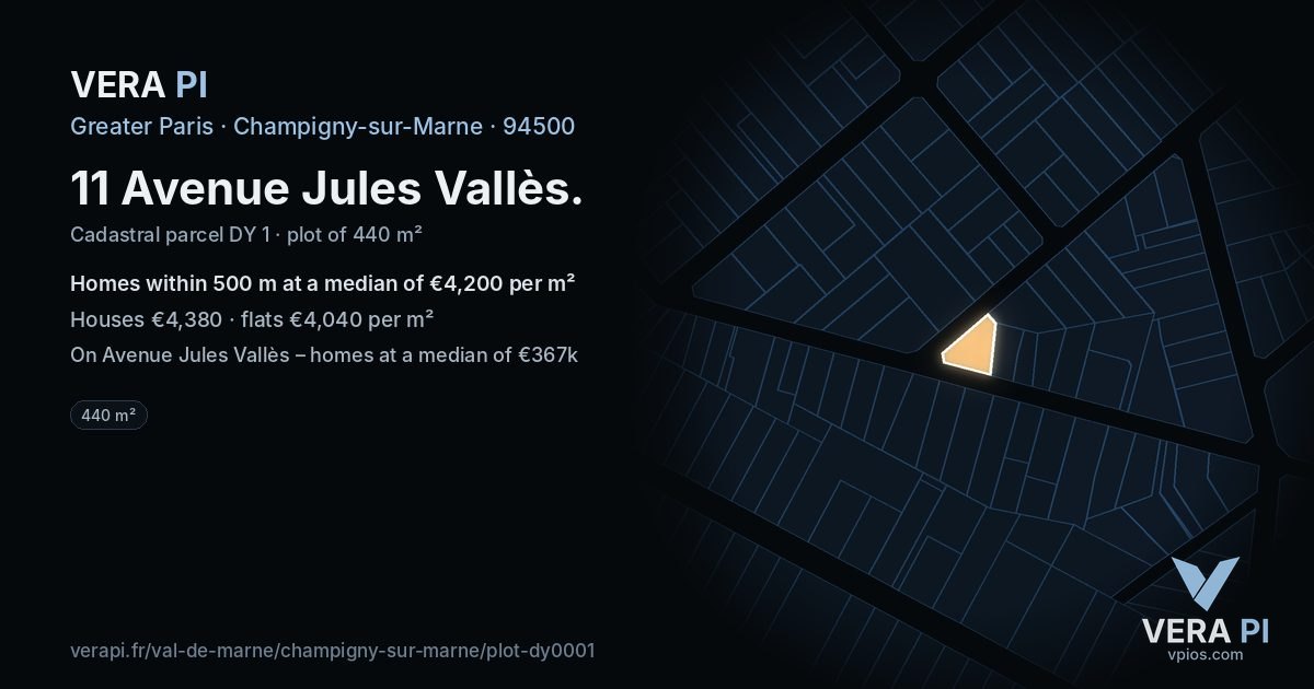 11 Avenue Jules Vallès, Champigny-sur-Marne at night – the plot lit, the parcels around coloured by the prices near them