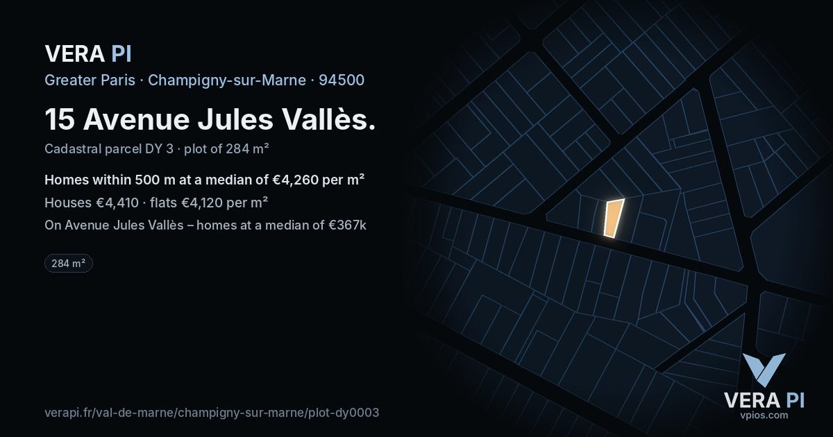 15 Avenue Jules Vallès, Champigny-sur-Marne at night – the plot lit, the parcels around coloured by the prices near them