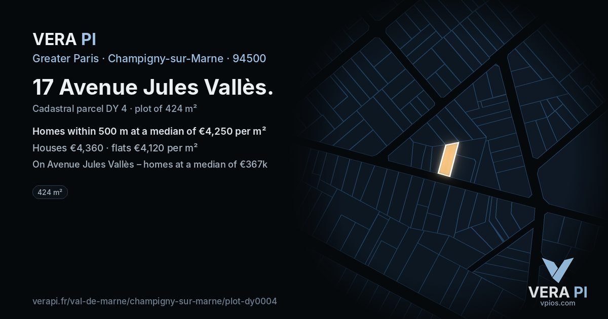 17 Avenue Jules Vallès, Champigny-sur-Marne at night – the plot lit, the parcels around coloured by the prices near them