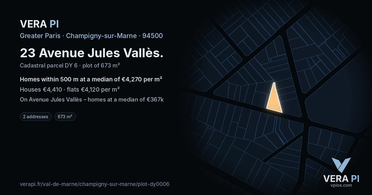 23 Avenue Jules Vallès, Champigny-sur-Marne at night – the plot lit, the parcels around coloured by the prices near them
