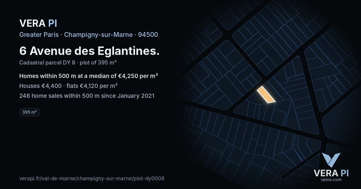 6 Avenue des Eglantines, Champigny-sur-Marne at night – the plot lit, the parcels around coloured by the prices near them