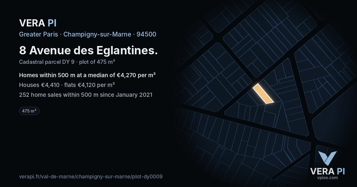 8 Avenue des Eglantines, Champigny-sur-Marne at night – the plot lit, the parcels around coloured by the prices near them