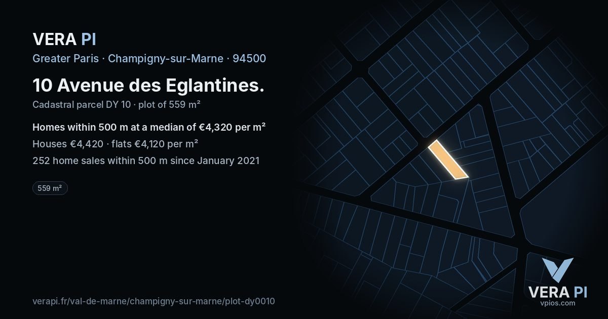 10 Avenue des Eglantines, Champigny-sur-Marne at night – the plot lit, the parcels around coloured by the prices near them