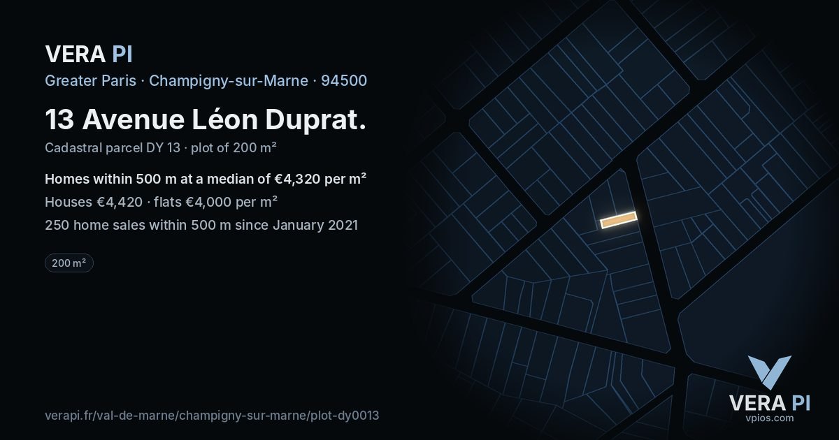 13 Avenue Léon Duprat, Champigny-sur-Marne at night – the plot lit, the parcels around coloured by the prices near them