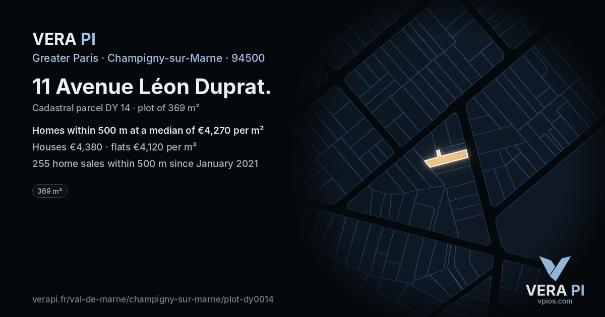 11 Avenue Léon Duprat, Champigny-sur-Marne at night – the plot lit, the parcels around coloured by the prices near them