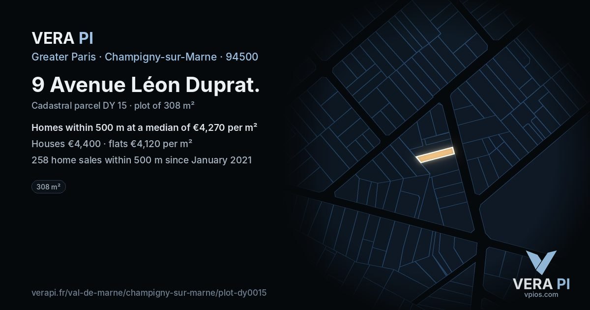 9 Avenue Léon Duprat, Champigny-sur-Marne at night – the plot lit, the parcels around coloured by the prices near them