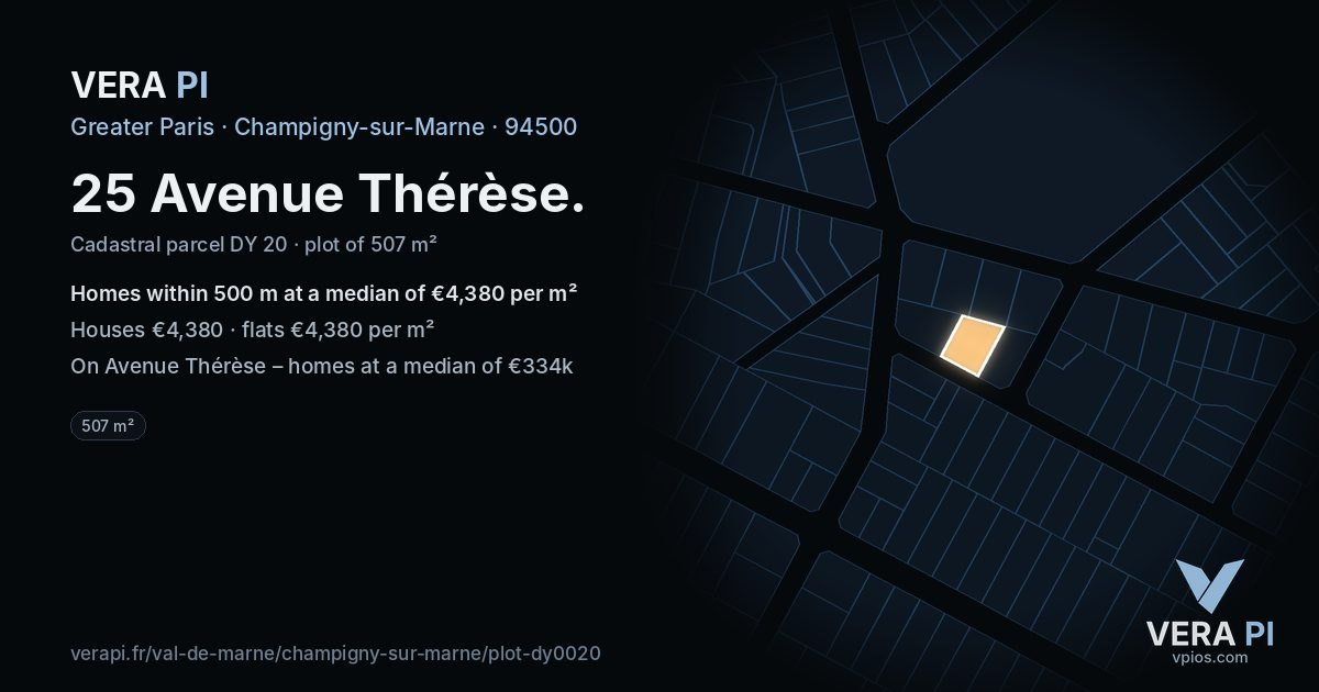 25 Avenue Thérèse, Champigny-sur-Marne at night – the plot lit, the parcels around coloured by the prices near them