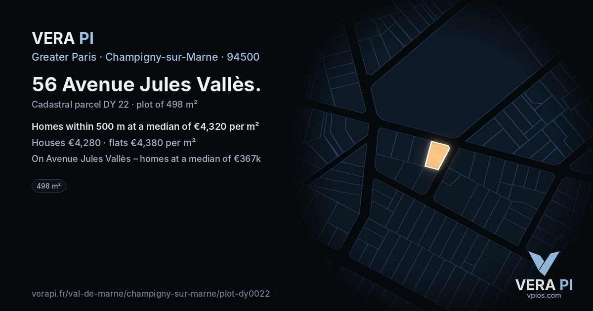 56 Avenue Jules Vallès, Champigny-sur-Marne at night – the plot lit, the parcels around coloured by the prices near them
