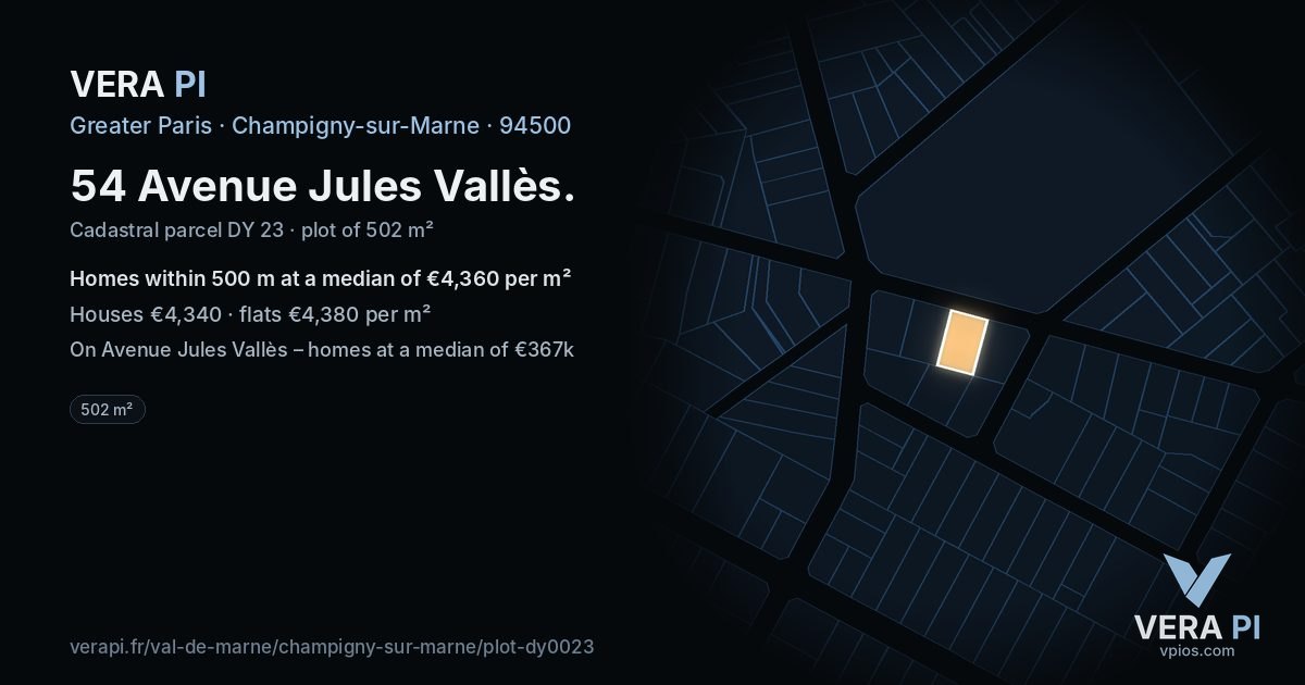 54 Avenue Jules Vallès, Champigny-sur-Marne at night – the plot lit, the parcels around coloured by the prices near them