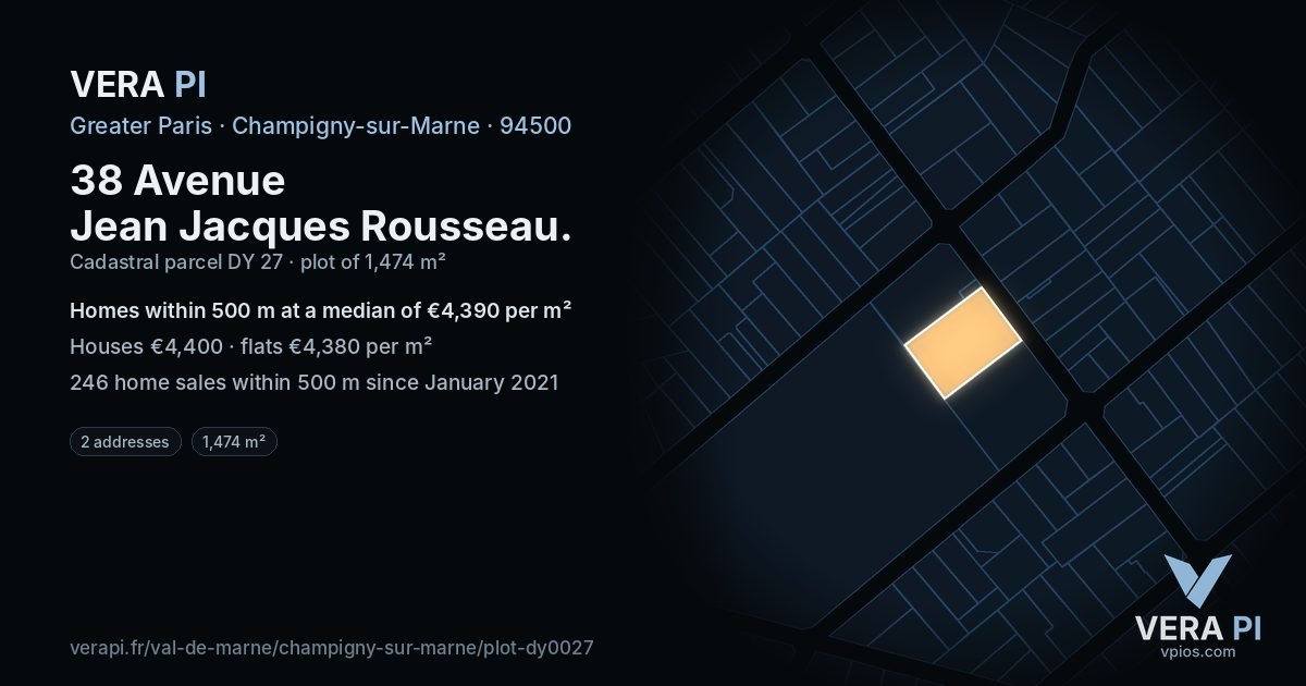 38 Avenue Jean Jacques Rousseau, Champigny-sur-Marne at night – the plot lit, the parcels around coloured by the prices near them
