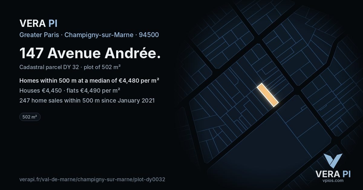 147 Avenue Andrée, Champigny-sur-Marne at night – the plot lit, the parcels around coloured by the prices near them