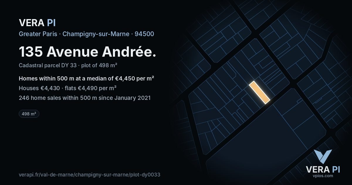 135 Avenue Andrée, Champigny-sur-Marne at night – the plot lit, the parcels around coloured by the prices near them