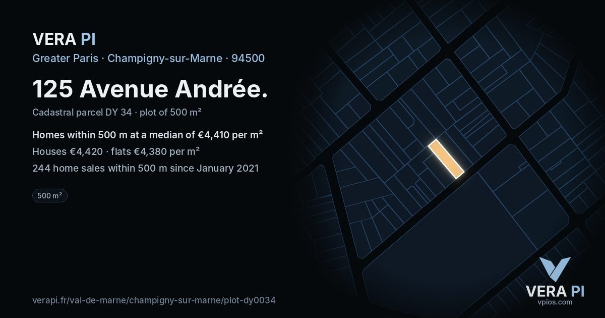 125 Avenue Andrée, Champigny-sur-Marne at night – the plot lit, the parcels around coloured by the prices near them