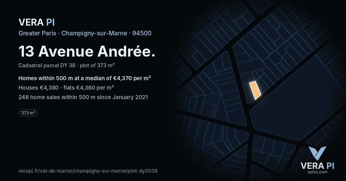 13 Avenue Andrée, Champigny-sur-Marne at night – the plot lit, the parcels around coloured by the prices near them