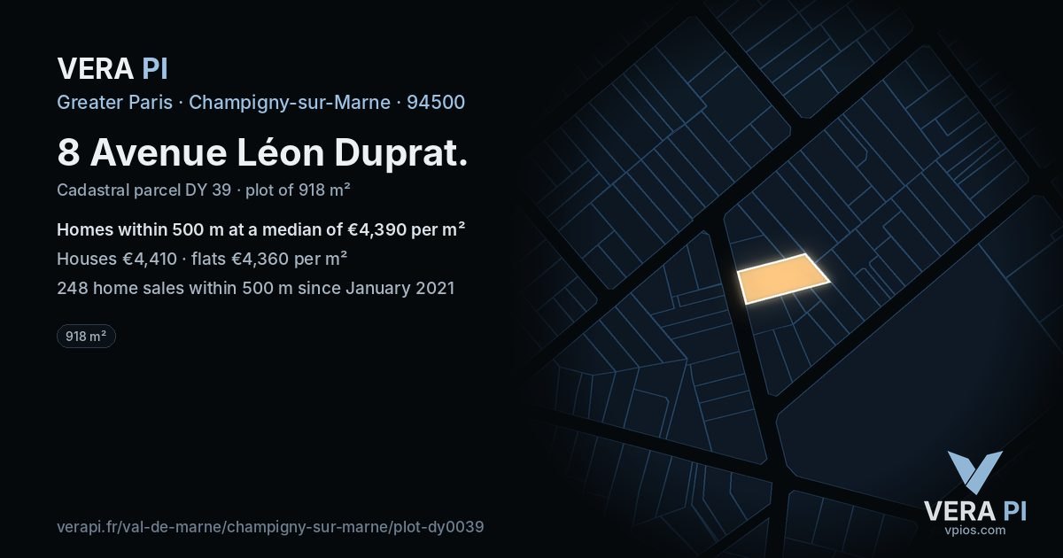 8 Avenue Léon Duprat, Champigny-sur-Marne at night – the plot lit, the parcels around coloured by the prices near them