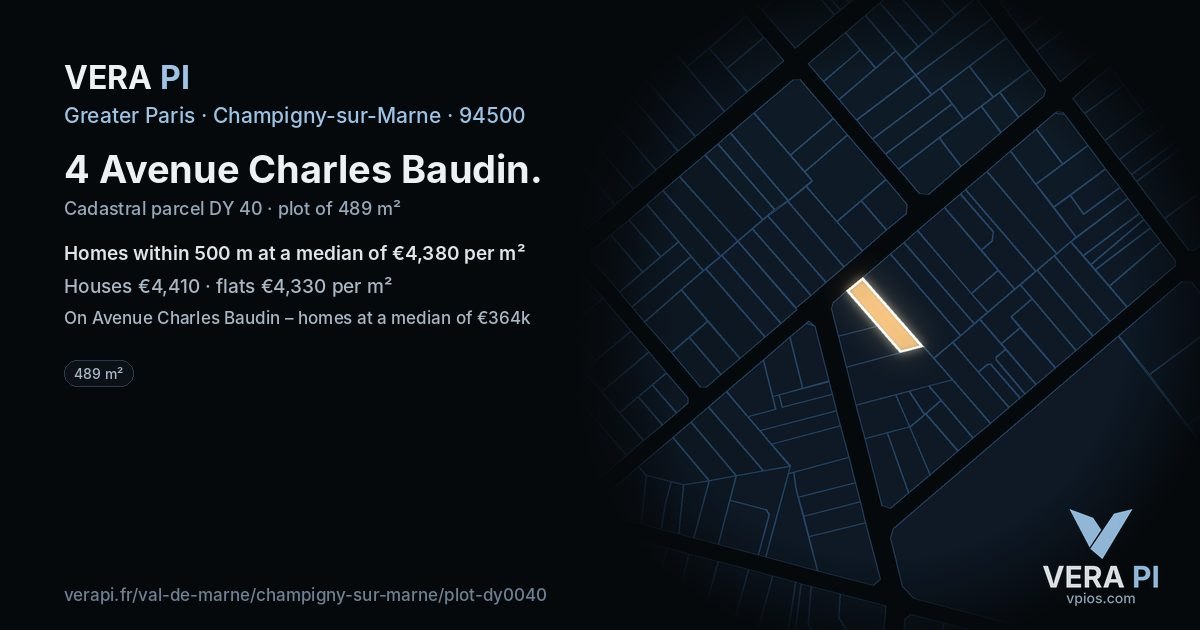 4 Avenue Charles Baudin, Champigny-sur-Marne at night – the plot lit, the parcels around coloured by the prices near them