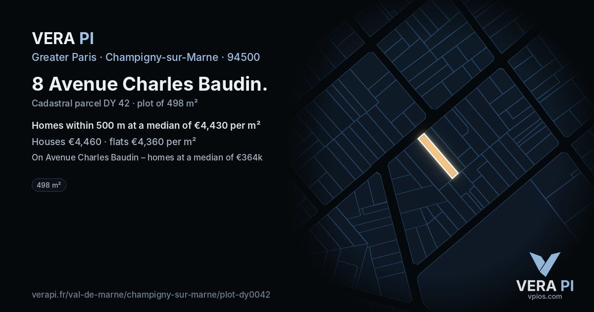 8 Avenue Charles Baudin, Champigny-sur-Marne at night – the plot lit, the parcels around coloured by the prices near them