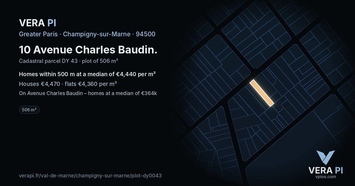 10 Avenue Charles Baudin, Champigny-sur-Marne at night – the plot lit, the parcels around coloured by the prices near them