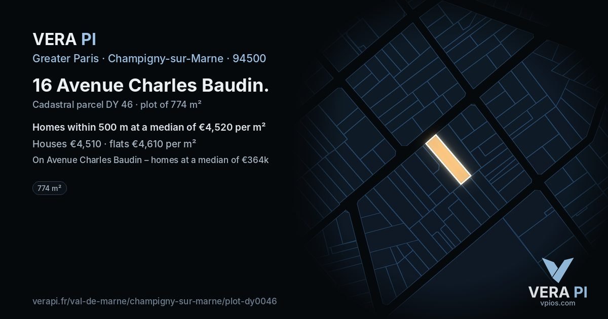 16 Avenue Charles Baudin, Champigny-sur-Marne at night – the plot lit, the parcels around coloured by the prices near them