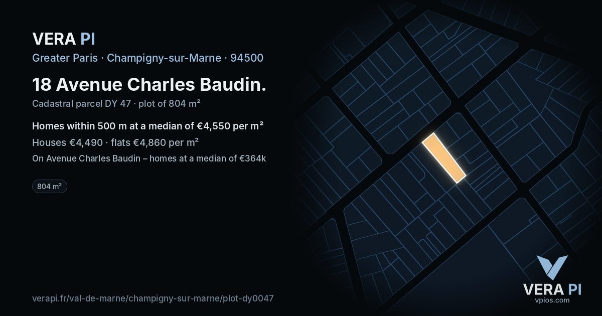 18 Avenue Charles Baudin, Champigny-sur-Marne at night – the plot lit, the parcels around coloured by the prices near them