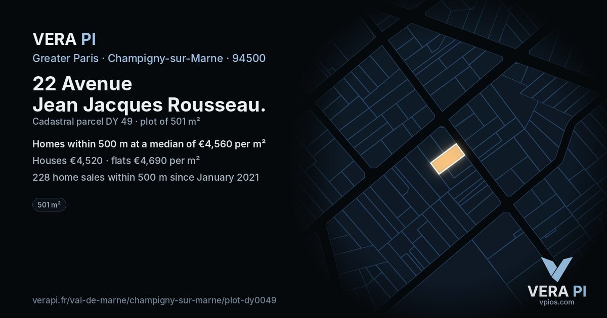 22 Avenue Jean Jacques Rousseau, Champigny-sur-Marne at night – the plot lit, the parcels around coloured by the prices near them