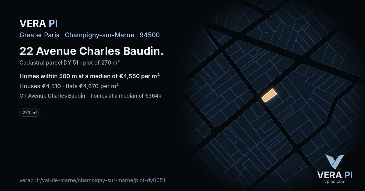 22 Avenue Charles Baudin, Champigny-sur-Marne at night – the plot lit, the parcels around coloured by the prices near them