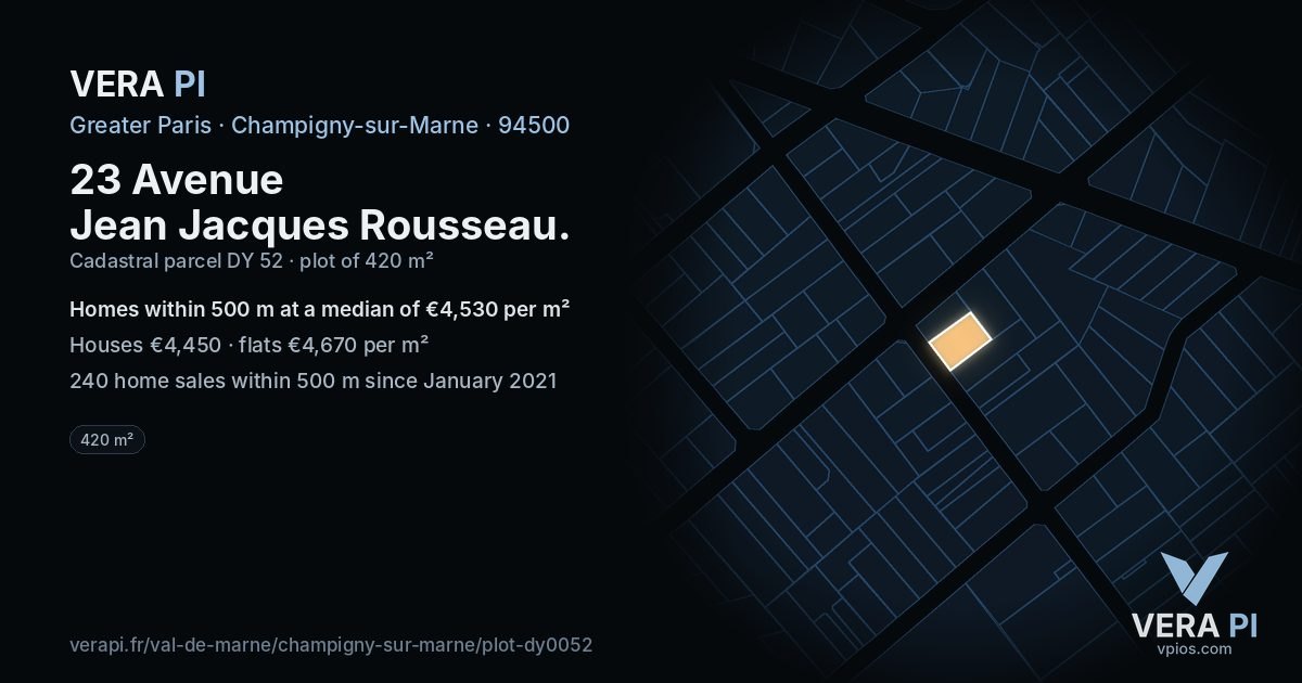 23 Avenue Jean Jacques Rousseau, Champigny-sur-Marne at night – the plot lit, the parcels around coloured by the prices near them