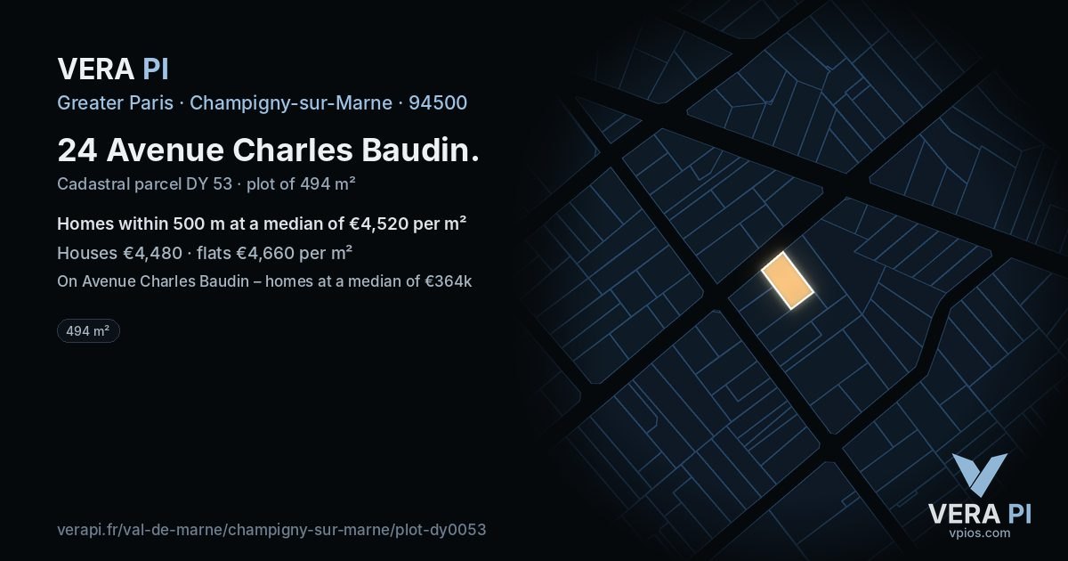 24 Avenue Charles Baudin, Champigny-sur-Marne at night – the plot lit, the parcels around coloured by the prices near them