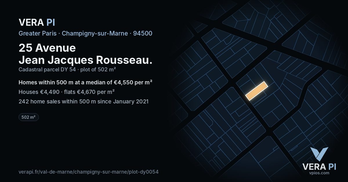 25 Avenue Jean Jacques Rousseau, Champigny-sur-Marne at night – the plot lit, the parcels around coloured by the prices near them