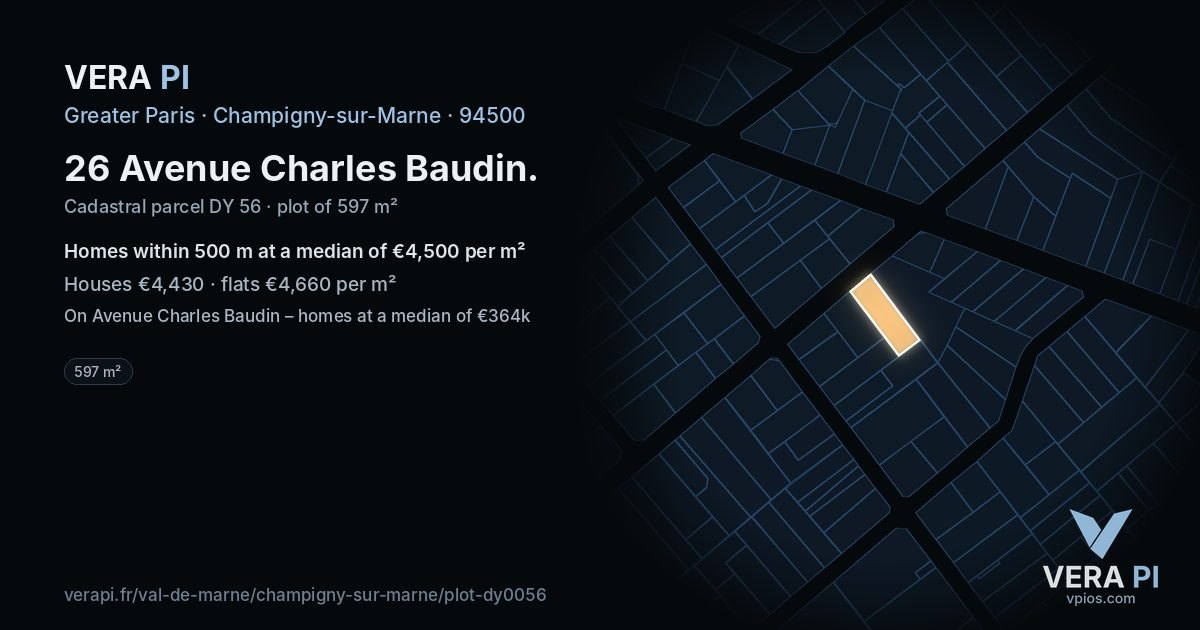 26 Avenue Charles Baudin, Champigny-sur-Marne at night – the plot lit, the parcels around coloured by the prices near them