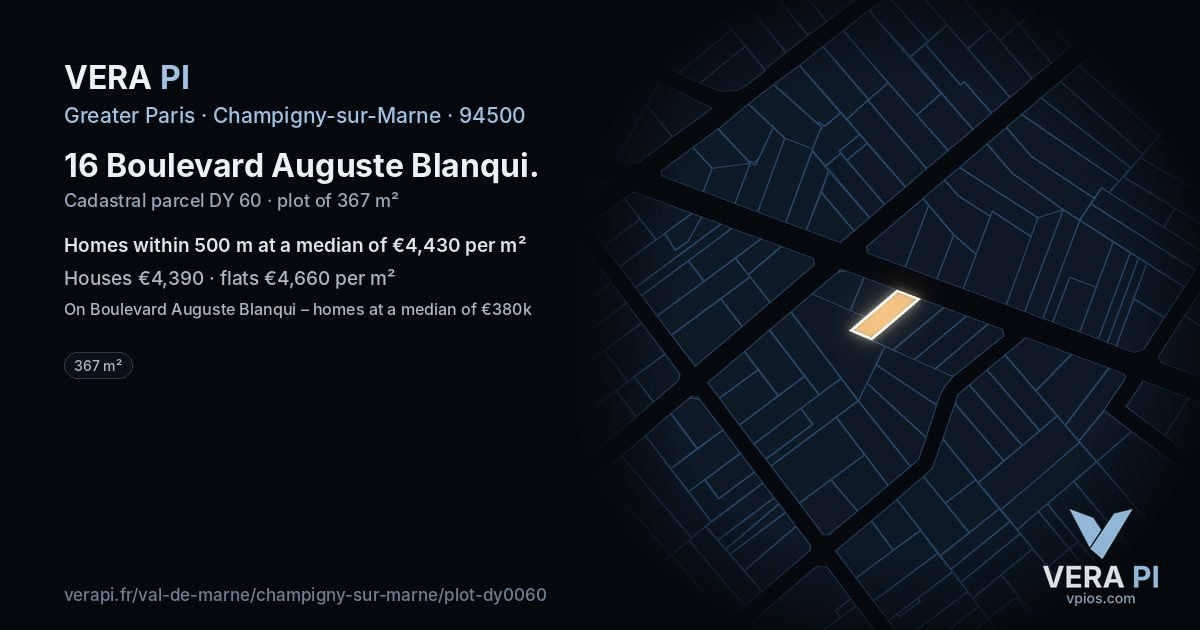 16 Boulevard Auguste Blanqui, Champigny-sur-Marne at night – the plot lit, the parcels around coloured by the prices near them