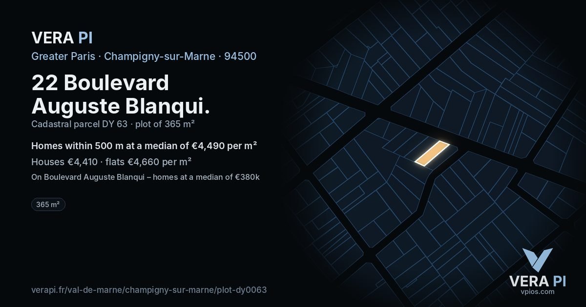 22 Boulevard Auguste Blanqui, Champigny-sur-Marne at night – the plot lit, the parcels around coloured by the prices near them