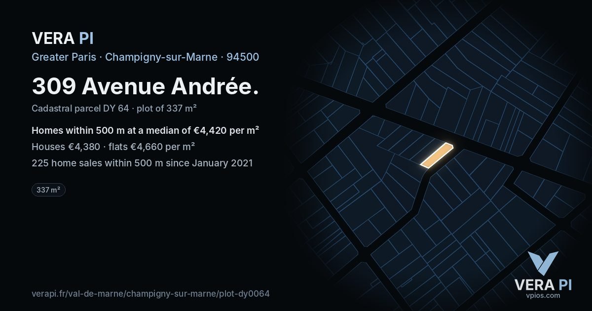 309 Avenue Andrée, Champigny-sur-Marne at night – the plot lit, the parcels around coloured by the prices near them